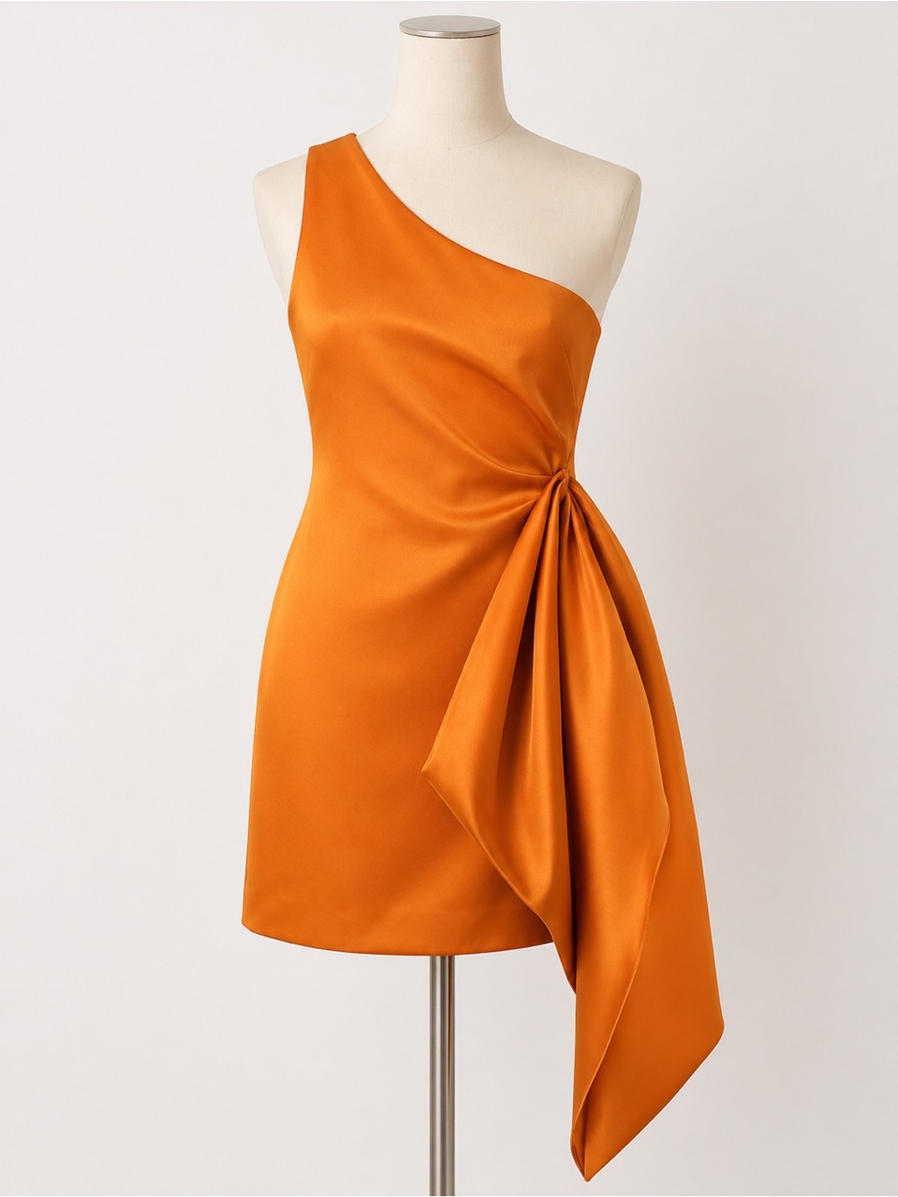 ML Monique Lhuillier Orange One Shoulder Mini Dress Draped Side Sash Size 4